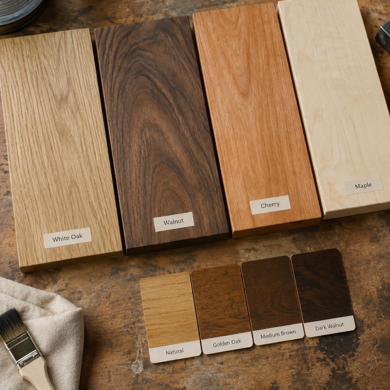 Illustrative wood and finish samples on a workbench