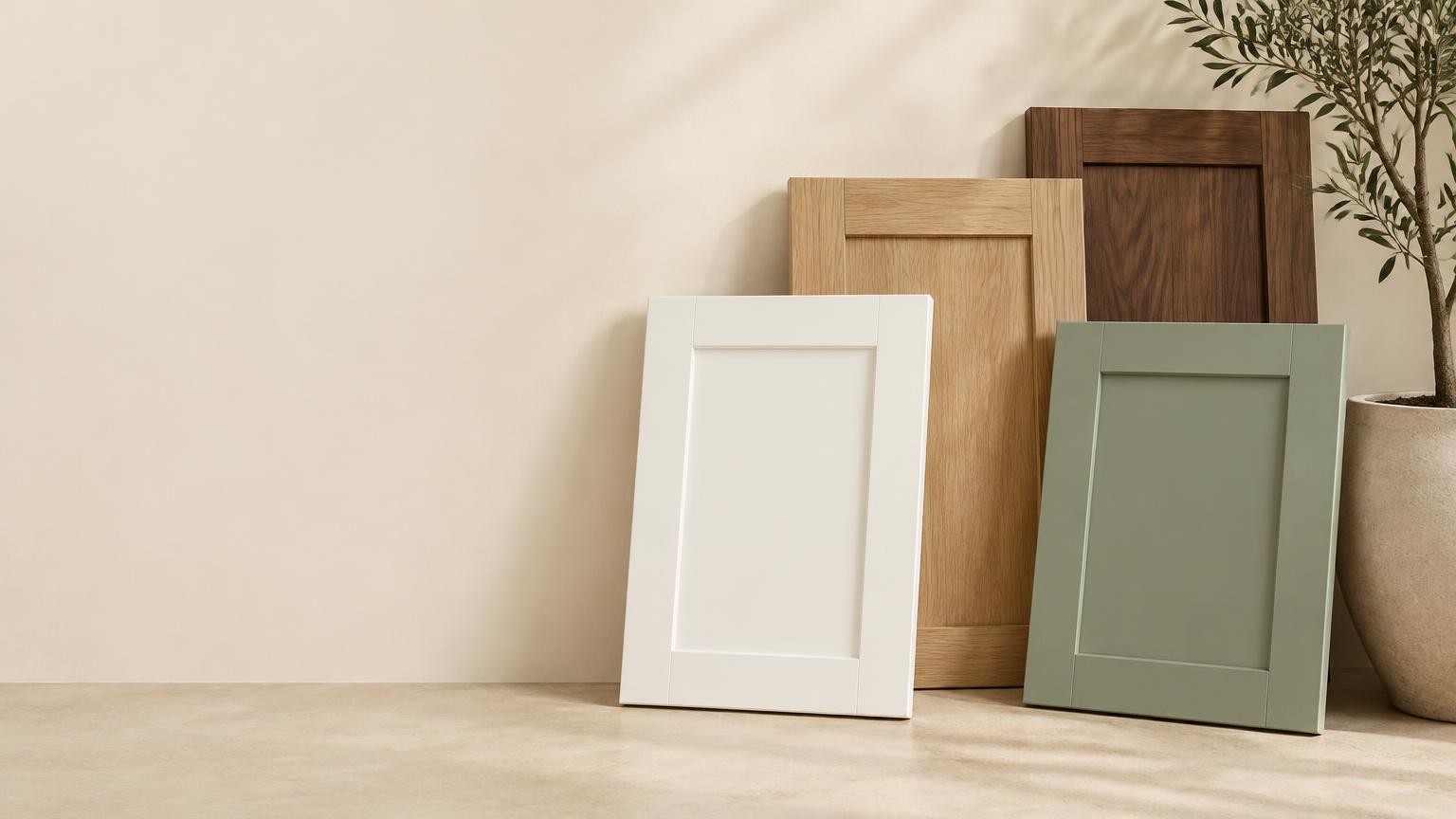 Illustrative white, natural wood, walnut and sage green Shaker door samples